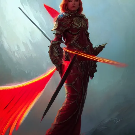 Image similar to female paladin angel in glowing red, spear made of fire, D&D, fantasy, intricate, elegant, highly detailed, digital painting, artstation, concept art, matte, sharp focus, illustration, art by Greg Rutkowski and Alphonse Mucha