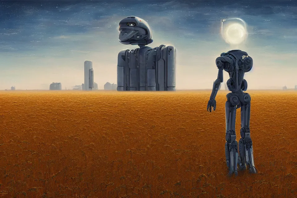 Prompt: sci-fi painting of a large alien city on the vast wheat fields, the closed back view of one humanoid robot on the ground, by Christopher Balaskas, godrays, detailed