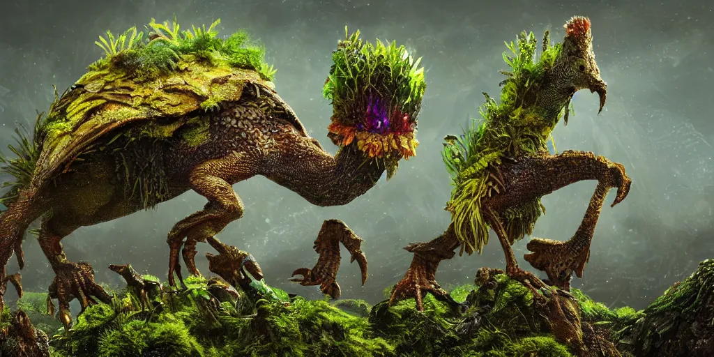 Prompt: a bird reptile giraffe mushroom jelly hybrid creature monster with metal scales feathers fur moss spines knobs, rich diverse lush alien world, fantasy, science fiction, dramatic lighting, in the style of national geographic, ken barthelmey, patrick woodroffe, illustration, octane render 8 k