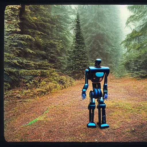 Image similar to Humanoid robot, sleek robot, advanced robot, walking through misty forest, Pacific Northwest, Polaroid