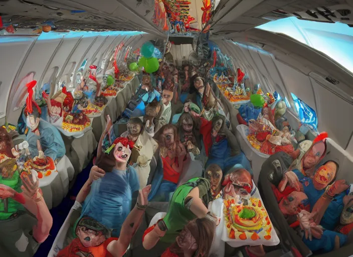 Prompt: boeing 737 cabin, a lot of zombies, birthday party, party hats, balloons, birthday cake, candles, realistic, insanely detailed, wide angle, Unreal 5 engine, trending on artstation, by Huang Guangjian and Gil Elvgren and Sachin Teng