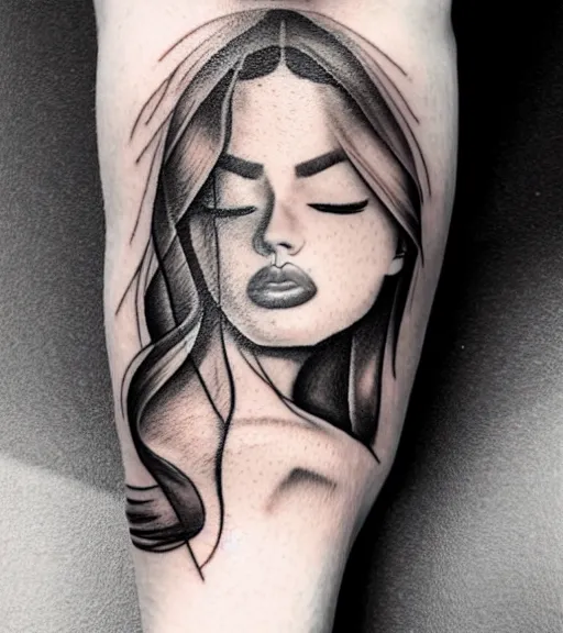 Image similar to beautiful blend effect of beautiful mountain scenery with a beautiful woman face, tattoo design sketch, hyper - realistic, in the style of matteo pasqualin, amazing detail, black and white