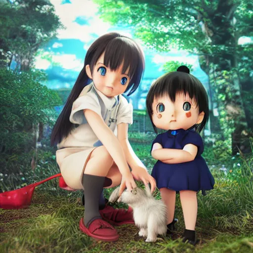 Prompt: Manga cover portrait of an extremely cute and adorable beautiful elated girl petting her new puppy, 3d render diorama by Hayao Miyazaki, official Studio Ghibli still, color graflex macro photograph, Pixiv, DAZ Studio 3D