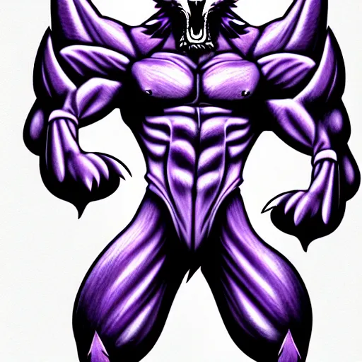 Image similar to anthropomorphic muscular purple wolf dragon, generic furry style, wearing jeans, deviant art, professional furry drawing, insanely detailed, artistic design, hyper detailed wolf - like face, doing a pose from jojo's bizarre adventure, detailed veiny muscles, exaggerated features, beautiful shading, dramatic lighting