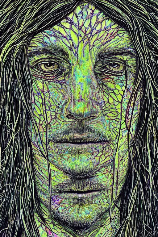 Image similar to dark portrait of one Bioluminescent old shaman, with cracked fractal semi-transparent skin. multicolored fish scales, closeup. long dark hair with insects and plant leaves. at night, realistic. intricate, very detailed, by alex grey and Moebius