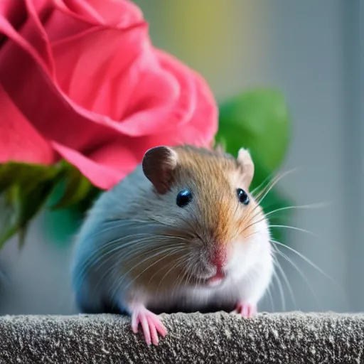 Prompt: detailed photo of a hamster holding roses, various poses, full body, unedited, daylight, dof 8 k