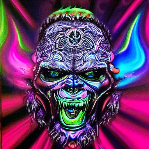Image similar to psychedelic blacklight airbrush art of an orc riding a motorcycle