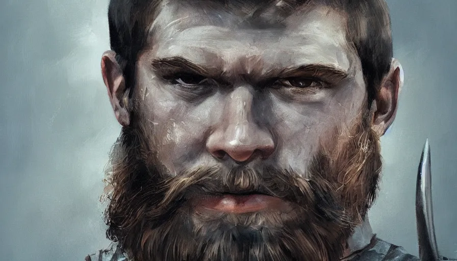 Prompt: handsome portrait of a viking guy bodybuilder posing by jama jurabaev, trending on artstation, high quality, brush stroke