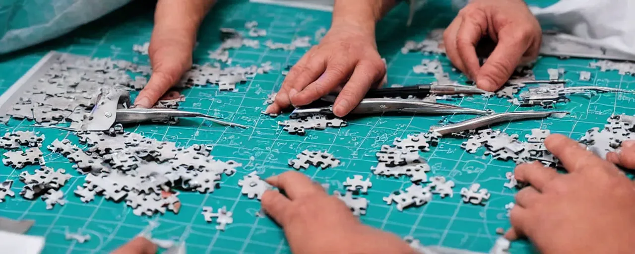 Image similar to a surgeon using a scalpel on a jigsaw puzzle on a table