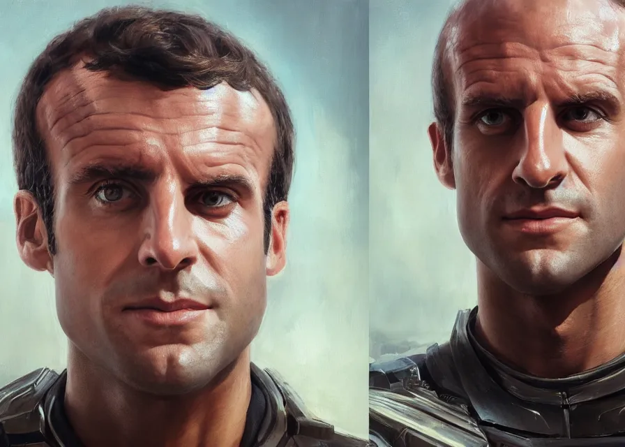 Image similar to painting portrait of Emmanuel Macron dressed as Arcann and as Thexan in Star Wars, sharp focus, waist up, trending on ArtStation, masterpiece, by Greg Rutkowski, by Ross Tran, by Fenghua Zhong, octane, clear eyes, soft render, clear facial features, oil on canvas, moody lighting, cinematic, professional environment concept art