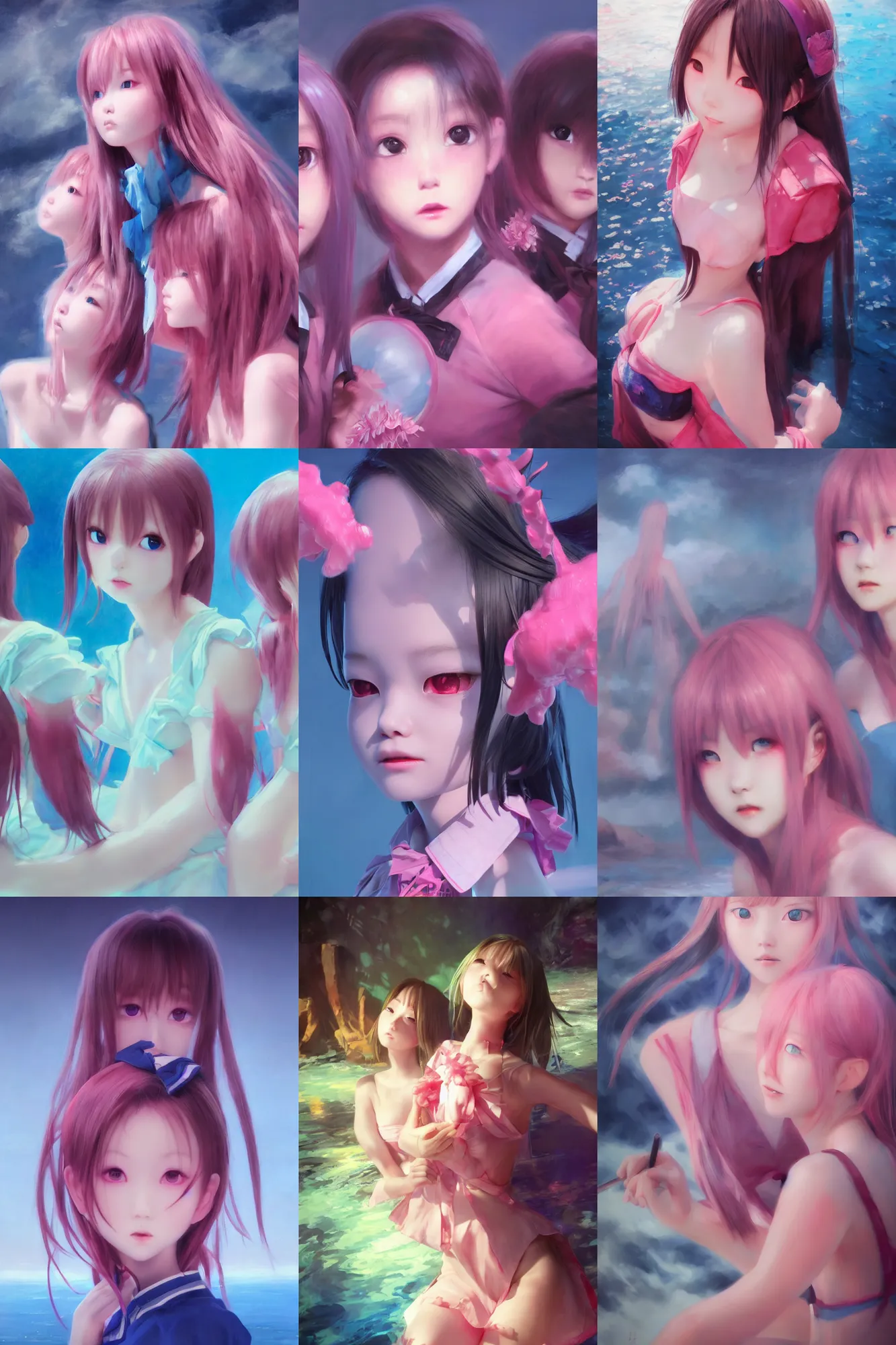 Image similar to 3d dark infrared octane render concept art by D. Jun, by Mo Xiang Tong Xiu, by Igarashi Daisuke, beauty portrait anime schoolgirls under dark pink and blue water. cute face. dramatic light, trending on artstation, oil painting.