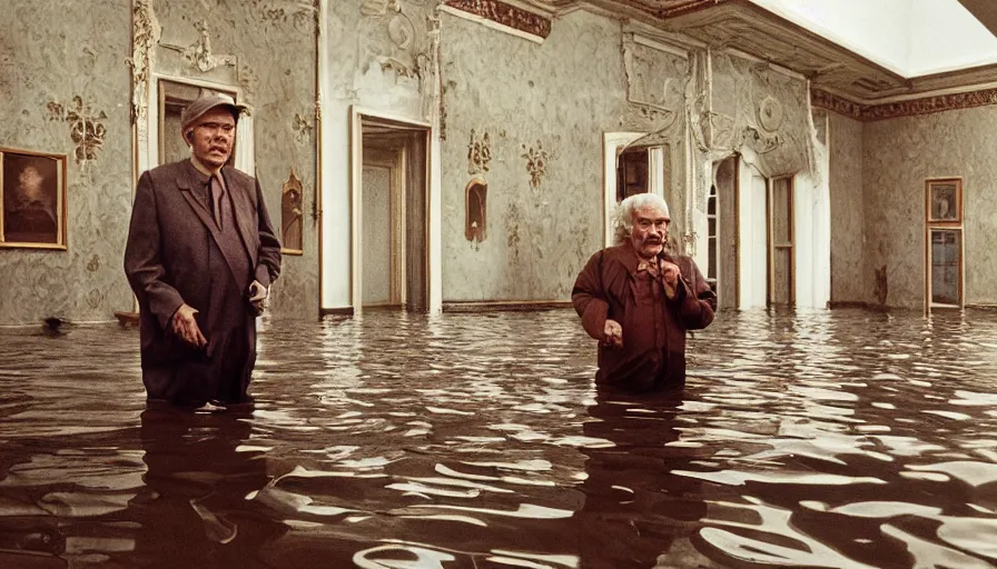 Image similar to 7 0 s movie still of an old manstanding in a soviet stalinist style palace flooded in water, eastmancolor, heavy grain, high quality, high detail