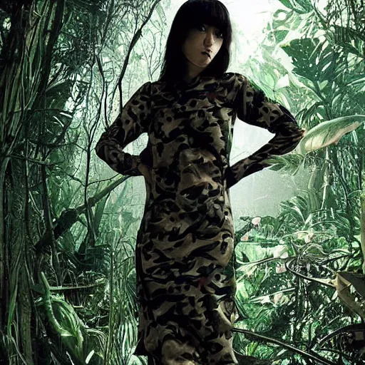 Image similar to female character wearing a camouflage dress by yohji yamaoto in a dense misty jungle the style of mamoru oshii