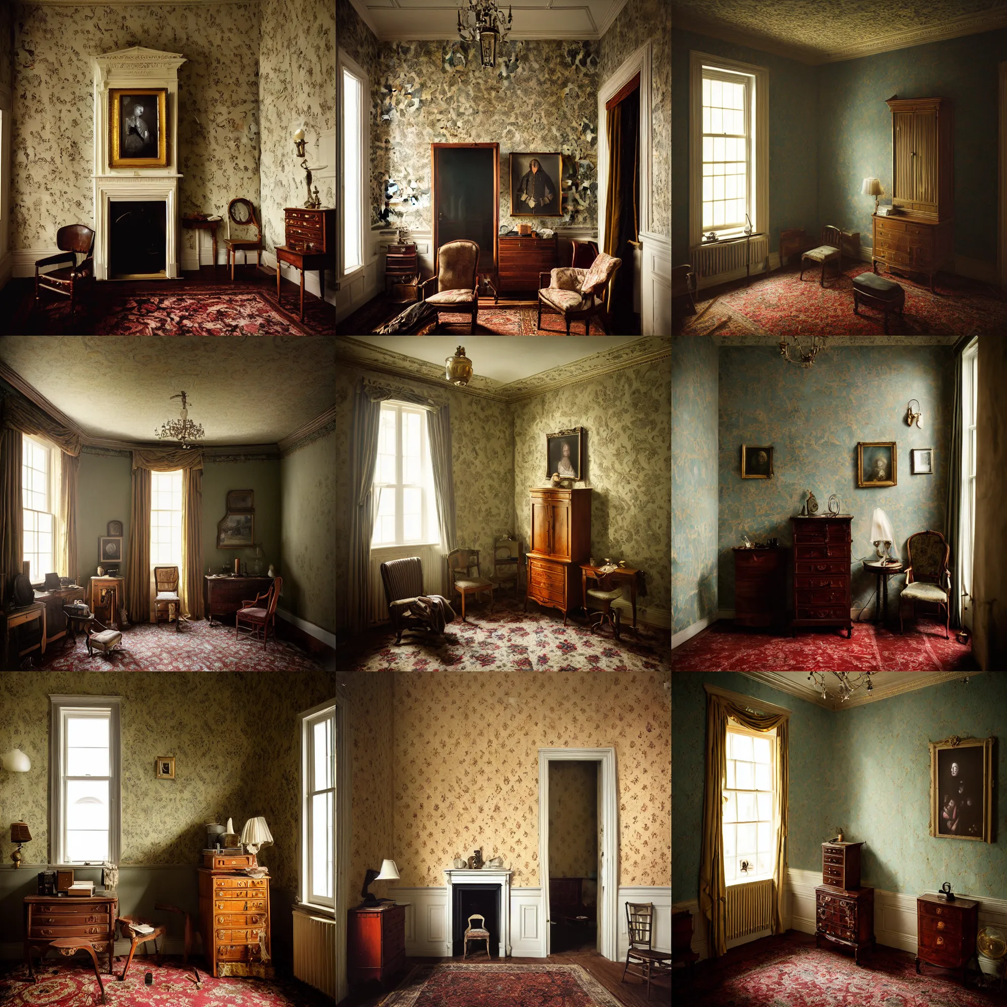 Prompt: kodak portra 4 0 0, wetplate, 8 mm extreme fisheye, award - winning portrait by britt marling of a 1 7 5 0 s room, walkers from the walking dead, picture frames, shining lamps, dust, smoke 1 7 5 0 s furniture, wallpaper, carpet, interior, muted colours, fog