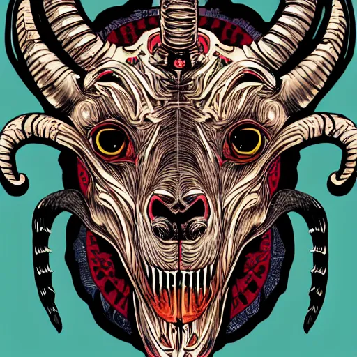 Image similar to a demon with the head of a goat, is looking at the camera, while holding a human head, whose eyes are still wide. symmetrical anatomy, very detailed design, complexity of the image, with pop punk style, colorful.
