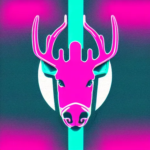 Image similar to logo for corporation that involves deer head, symmetrical, retro pink synthwave style, retro sci fi