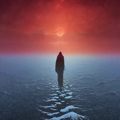 Image similar to a painting of a person standing in the snow, a surrealist painting by zdzisław beksinski and by alena aenami, deviantart, nuclear art, dystopian art, apocalypse landscape, surrealist