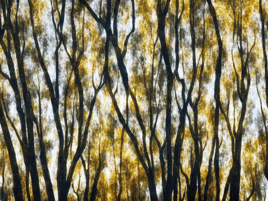 Image similar to double exposure photograph of tens of eucalyptus trees, soft light, autumn, in the style of edward steichen and klee,