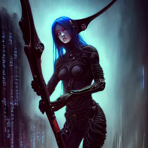 Image similar to a highly detailed long shot photo of cyberpunk female character by ayami kojima, elf, beksinski, giger, elf, wielding scythe, intricate, digital painting, artstation, concept art, smooth, sharp focus, full body