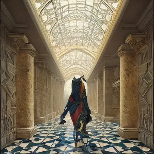 Image similar to a bright marble corridor extending into the distance, walls caved with intricate cubic designs, tiled floor, geometric, sharp details, matte, concept art, artwork by artgerm, greg rutkowski, alphonse mucha