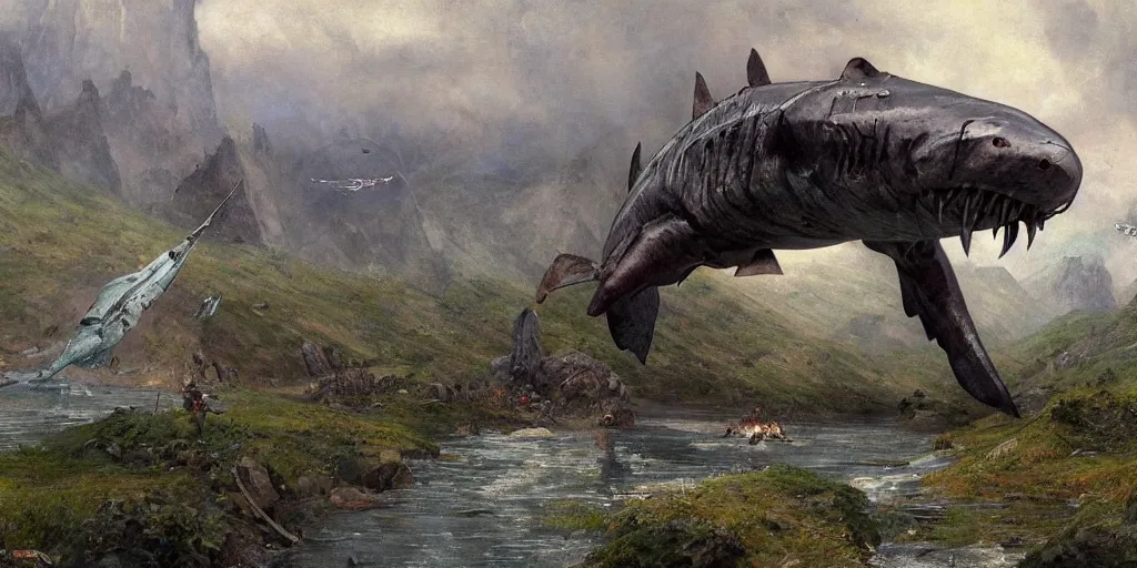 Prompt: full body blued-steel single titan colossus shark in pacing through hills, crossing the river, mountain valley to fortress, with armour, artillery, fine art, cinematic, artstation, matte painting, masterpiece by vasnetsov and surikov, JEAN-VICTOR BERTIN