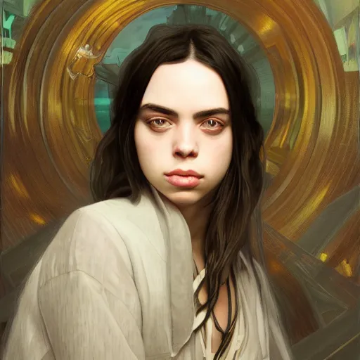 Prompt: Portrait of Billie Eilish in new york, elegant, digital painting, highly detailed, fantasy, artstation, concept art, smooth, sharp focus, illustration, art by artgerm and greg rutkowski and alphonse mucha