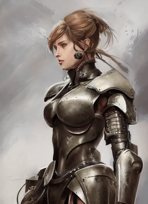 Image similar to a professionally painted portrait of an attractive young girl, partially clothed in battle armor, olive skin, long dark hair, beautiful bone structure, symmetrical facial features, intricate, elegant, digital painting, concept art, illustration, smooth, sharp focus, finely detailed, beautifully framed, from Metal Gear, in the style of Artgerm and Greg Rutkowski and William-Adolphe Bouguerea