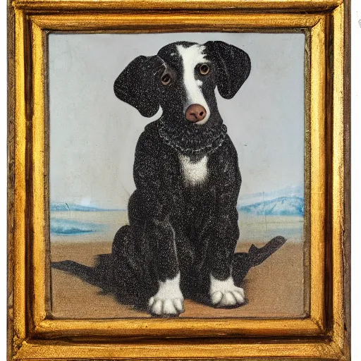 Image similar to renaissance painting of a white dog with big black spots sitting for a portrait