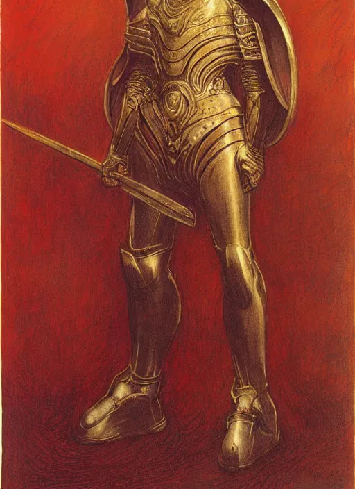 Prompt: malenia from elden ring drawn by jean delville, armor, red hair, full body portrait, icarus helmet