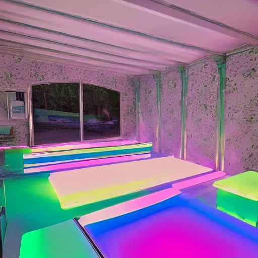 Image similar to a pastel coloured Polaroid photo of a maximalist sunbed made of transparent iridescent perspex stood in a field, beams of light, nostalgic