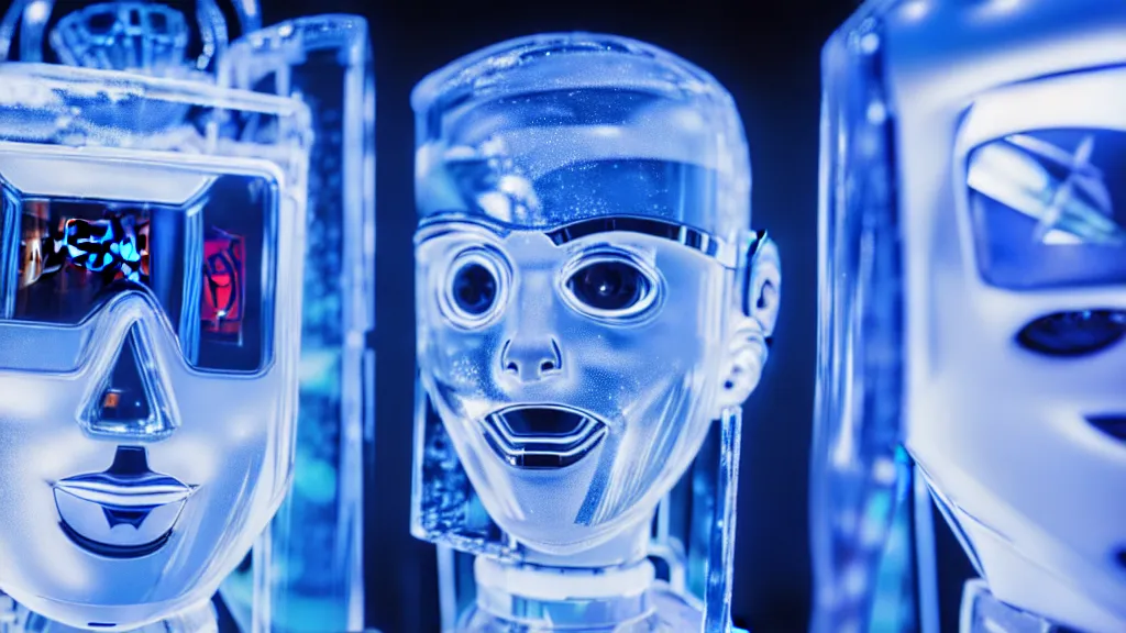 Image similar to robots drinking alcohol, inside a ice bar, chrome reflections, hyper-realistic, extreme detail, sharp photo, beautiful, cinematic 4K, by Sorayama
