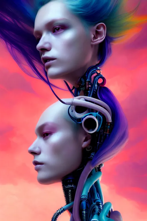 Image similar to a half body image of a beautiful young 28th century super cool post-human female wiht long colorful hair, barely human and largely biomechanical machine, hyper-realistic cyberpunk style, Peter Mohrbacher Takayuki Takeya moody, face by Yanjun Cheng, Irakli Nadar, dramatic cinematic lighting rendered by octane, 8k, detailed, intricate, clean and textures, trending on artstation, deviantart google images, pinterest