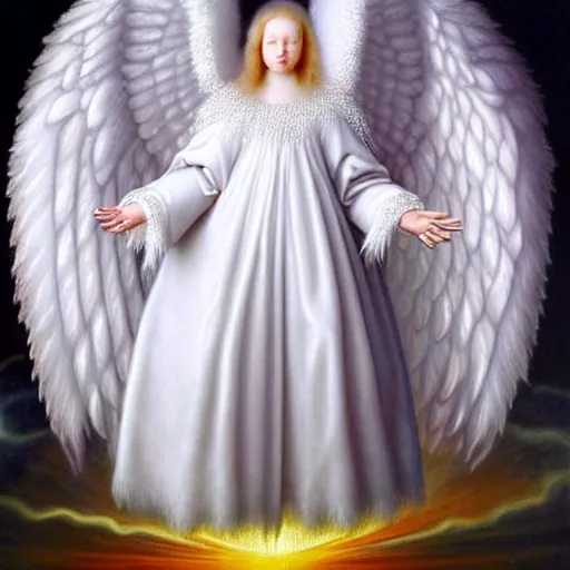 Image similar to highdetailed hyperrealistic painting of white angel!!! no gender!!!, giant ball of miracle light from the chest!!!!!, white sparkles everywhere, 4 k hd fur face!!!, big wings, by jan van eyck, holography space, glow effect, large strokes, white monochrome color!!!!!