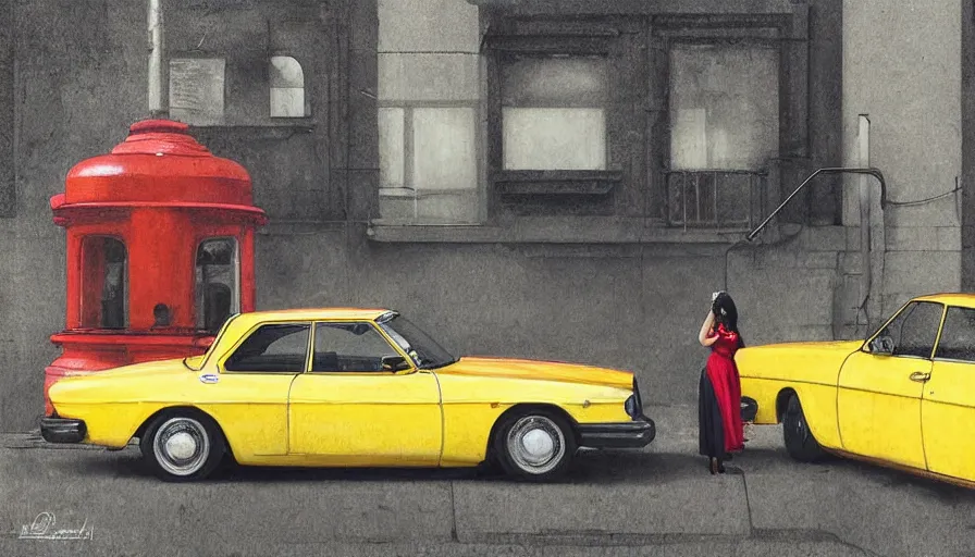 Image similar to a picture of a yellow-car parked next to a red-hydrant with a woman in a yellow-dress sitting on the hood, BEUTIFUL!, surreal, in style of Tom Bagshaw, artgerm, norman rockwell, Edward Hopper