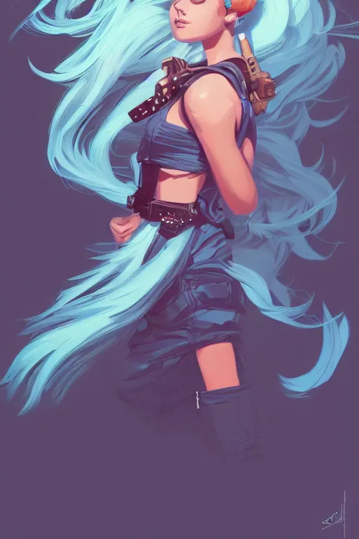 Image similar to portrait painting of a teenage girl with swept back wild blue hair, fashionable, windy, steampunk, full body, solid background color, sharp focus, award - winning, cinematic pose, cinematic lighting, trending on artstation, masterpiece, highly detailed, intricate. art by josan gonzales and moebius and deathburger