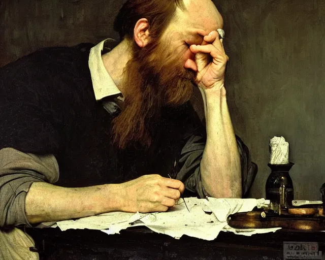 Image similar to dostoyevsky as an exhausted painter in his dimly lit studio by edgar maxence and caravaggio and michael whelan, intricate painting, hyper realistic, extremely detailed and beautiful aesthetic face, 8 k resolution