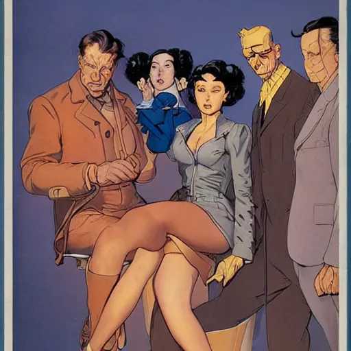 Image similar to time traveler team. portrait by mœbius and gil elvgren. character design. realistic proportions. dystopian. concept art. cel shading. attractive face. thick lines. hi def 4 k. the team. detailed characters.