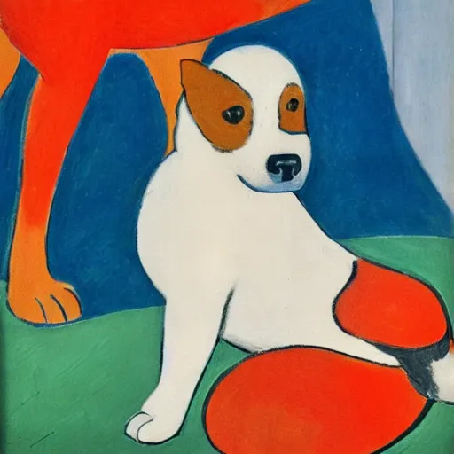 Image similar to dog with red fishes, by matisse, oil on canvas