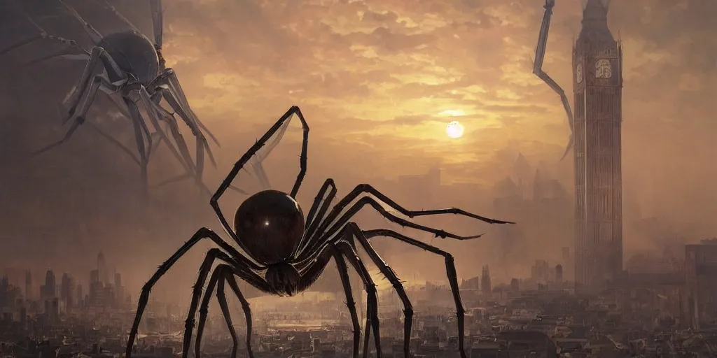 Prompt: giant spider, london is a pure wasteland, sunset in background, muted colours, alphonse mucha, greg rutkowski, trending on artstation, artgerm, breathtaking, sharp focus, smooth, mark arian, award winning, highly detailed 4 k art