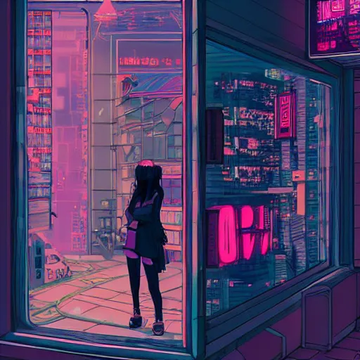 Prompt: cyberpunk girl sitting inside an empty store being looked at through the window in the style of studio ghibli, soft anime illustration, dark neon colors, soft ambience, zoomed in, backlit, lots of details