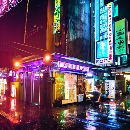 Prompt: cyberpunk cafe in taipei, at night in the rain, shot from a distance