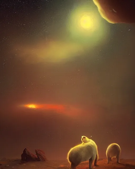 Image similar to white capybara under a sky full of stars, surreal photography, volumetric light, impressionist painting, digital painting, artstation, kilian eng, john harris, bastien lecouffe - deharme, simon stalenhag