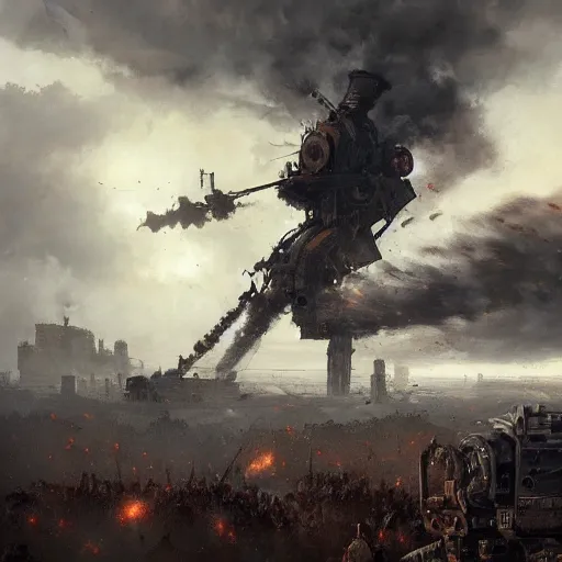 Prompt: gitantic steampunk war machine, war scene, explosions, jakub rozalski