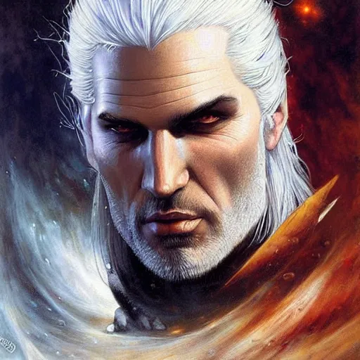 Prompt: geralt of rivia, ethereal, painting by karol bak