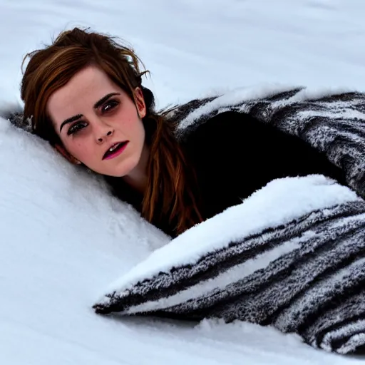 Image similar to emma watson laying in snowdrift, clutching blanky