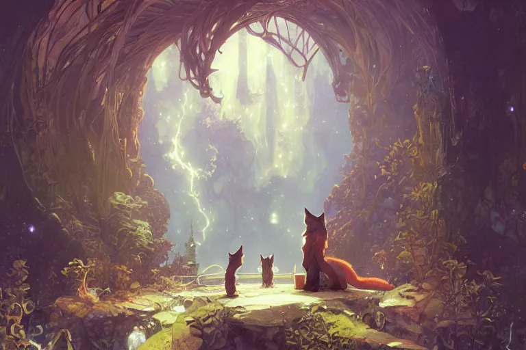 Image similar to an anthropomorphic fox wizard and his apprentice, wearing long flowing robes, in front of a magical gateway to another universe, illustration by greg rutkowski, thomas kindkade, alphonse mucha, loish, norman rockwell, artstation, furaffinity