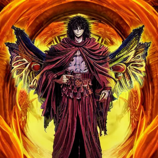 Image similar to 4K headshot portrait of godlike Warlock of Nazareth with defined arms and open hands and bloody clothes with giant mandala wings , intricate face , flawless anime cel animation by Kentaro Miura, psychedelic , highly detailed upper body , professionally post-processed , beautiful, scary, symmetry accurate features, epic, octane rendered, anime masterpiece, accurate by Craig Mullins, ilya kuvshinov, krenz cushart, epic , artgerm trending on artstation by Edward Hopper and Dan Mumford and WLOP and Rutkovsky, beksinski carl spitzweg moebius and tuomas kocar, intricate artwork by caravaggio, Unreal Engine 5, Lumen, Nanite