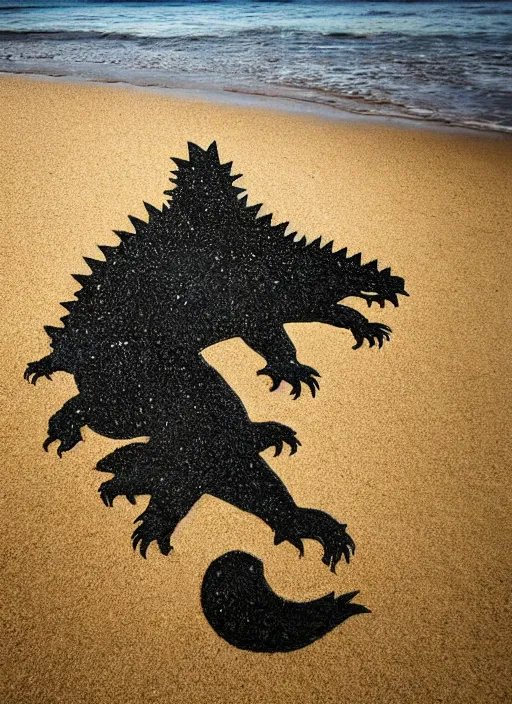 Image similar to godzilla as cheese on the sand of a beach