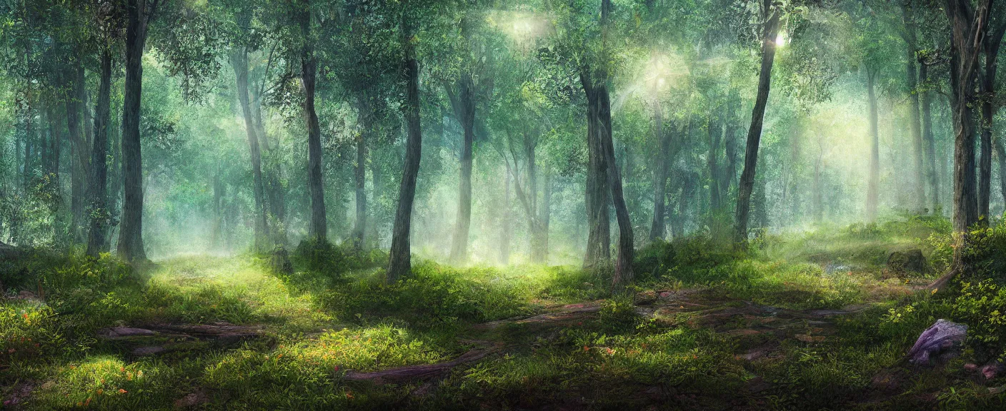 Image similar to a clearing in a forest, digital art, highly detailed, realistic, bright colors, 8 k