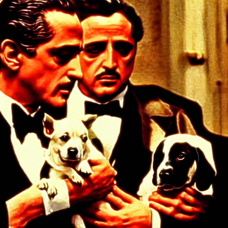 Image similar to cinescreen from the godfather, holding a dog, cinematic scene screen cap, realistic, film grain